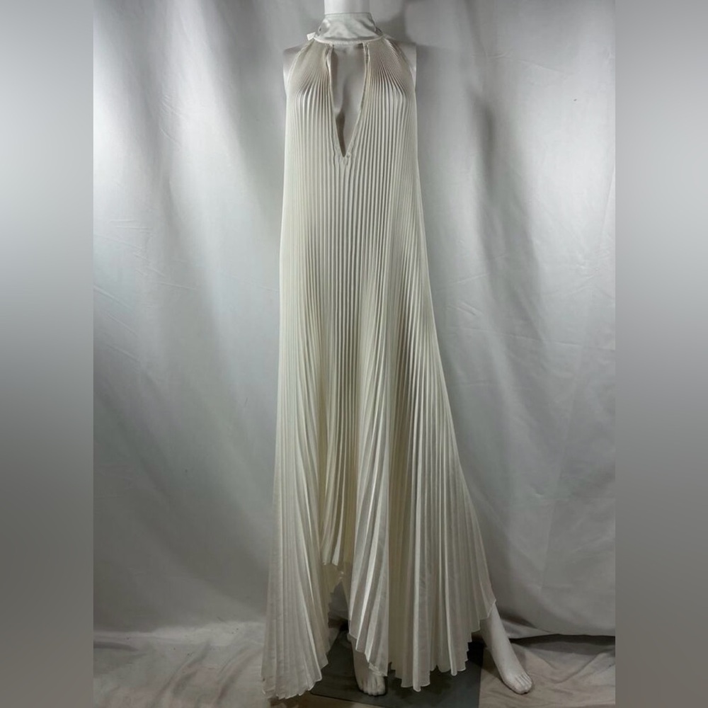 L’Idee Elegant Pleated Halter Maxi Dress in Ivory